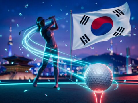 Futuristic golfer swinging club with south korean flag and seoul cityscape background