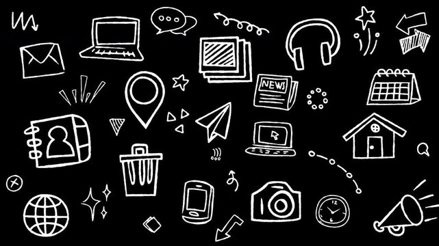 Animated hand drawn doodle graphics of digital technology, computer devices, and media communication icons. Seamless loop video background in black and white. 