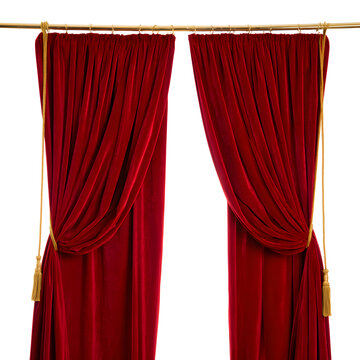 Elegant red velvet theater curtains, with golden ropes and tassels securing them at the top, hang from a polished brass rod against a clean white backdrop