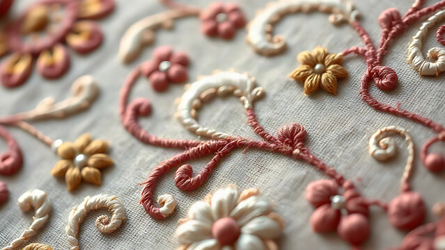 Close-up of swirling paisley and floral embroidery on textured fabric.