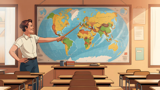 Teacher pointing at world map during geography lesson with students in classroom setting