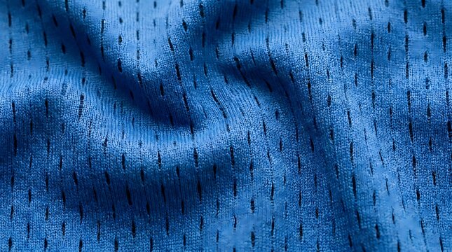 Close up view of blue sports mesh jersey fabric with texture