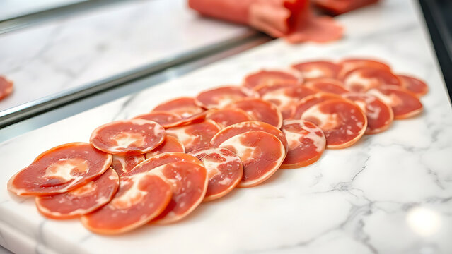 Thin slices of deep red, marbled capicola arranged neatly on a white marble slab inside a delicatessen display, soft overhead lighting, shallow depth of field, food photography.
