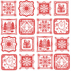 Naklejka premium Christmas Seamless Folk Tile Pattern with Decorative Frames Dove Angel Snowflake Gift Motifs