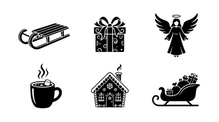 Naklejka premium Set of black and white Christmas icons featuring winter sled, gift box, angel, hot cocoa mug, gingerbread house and Santa sleigh for holiday design projects and seasonal greeting cards on transparent