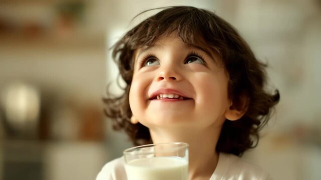 Happy child smiles holding milk glass in cozy kitchen. Young boy looks upward during healthy breakfast at home. Warm close-up shows nutrition, family care, and pure childhood joy.