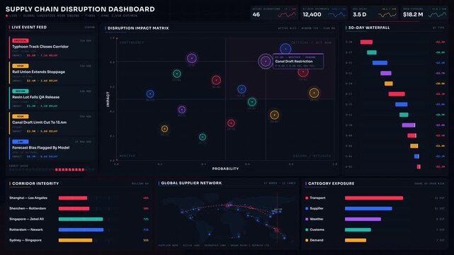 Explore a sophisticated 4K Supply Chain Disruption Dashboard featuring a dark mode interface with animated radar effects and detailed disruption metrics for analysis and decision-making.