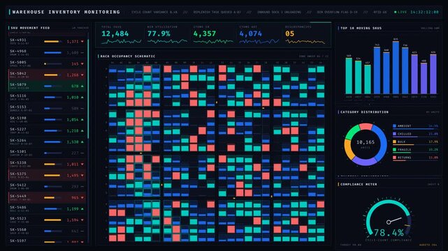 A sleek 4K dark mode monitoring dashboard designed like a mission control interface, featuring real-time inventory updates and animated warehouse rack visuals for effective management.