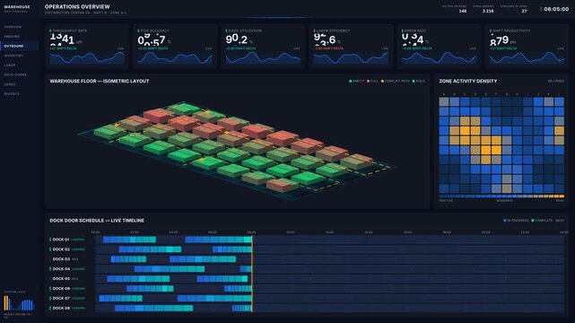Explore an advanced 4K warehouse operations dashboard featuring dark mode design, animated KPIs, and real-time Gantt charts for efficient inventory management and monitoring.