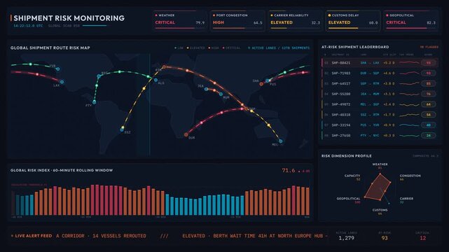 Explore a dark mode shipment risk monitoring dashboard featuring animated maps, risk category chips, and a live alert ticker in vibrant colors and sleek design.