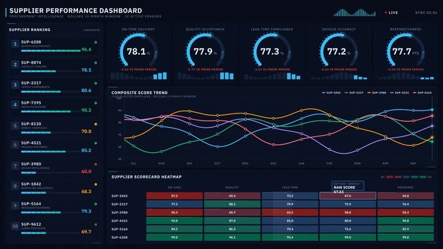 Explore a sophisticated 4K dark mode supplier performance dashboard featuring KPI cards, trend charts, and a heatmap for visualizing supplier intelligence metrics.