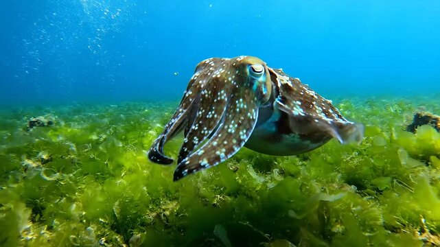 Cuttlefish floating underwater in blue ocean with green sea grass