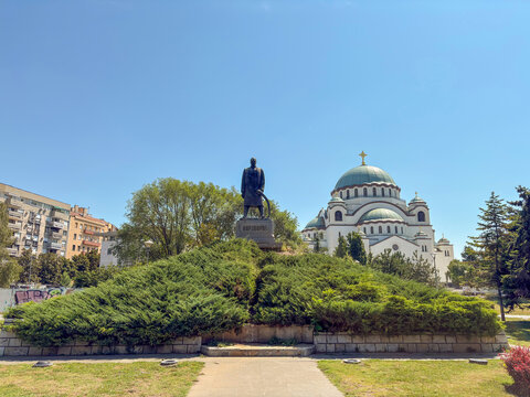 Karadjordje Monument overlooking Saint Sava Temple in Belgrade, Serbia.
