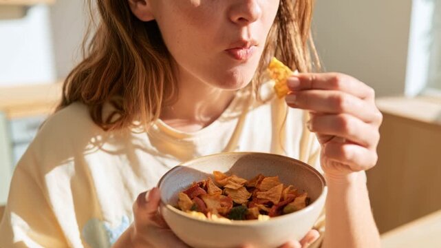 Unrecognizable Woman Eating Healthy Dehydrated Vegetable Snacks From Bowl at Home