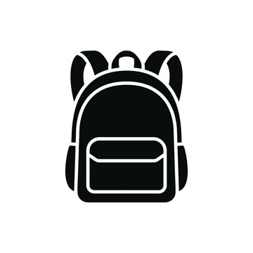 Black backpack silhouette on white background. Minimalist school bag icon for education and travel. Essential gear for students and professionals.