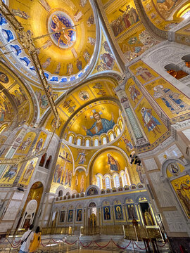 Towering golden mosaics inside Saint Sava Temple in Belgrade, Serbia.