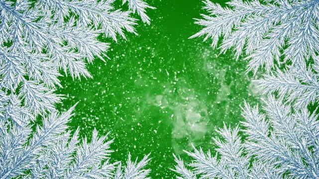 Winter frosty pine branch frame overlay with falling snow and bokeh on green background, christmas holiday