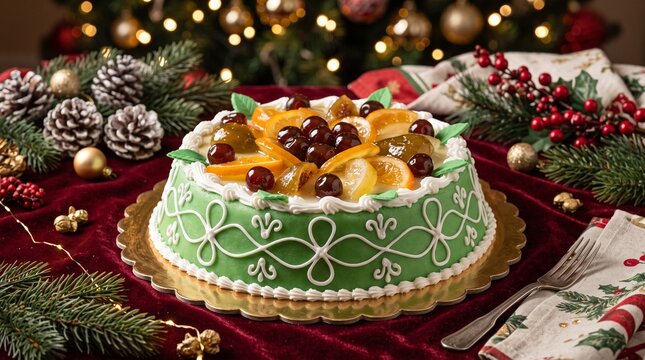 Pro Shot of Traditional Sicilian Cassata Cake in Italian Christmas Setting