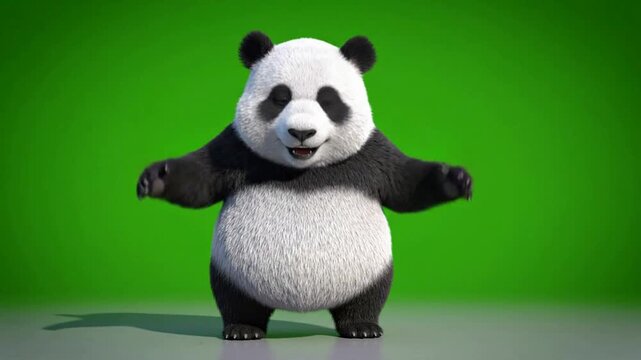 Cute 3D animated panda character waving hello on green screen background, for easy compositing, bear animation