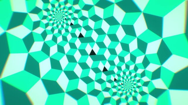 Emerald cubes spiral through a twisting optical illusion corridor in an infinite 3D animation with glowing mint green geometric patterns for stage screens