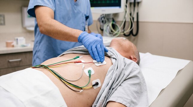 Doctor performing electrocardiogram ECG test on patient chest stock photo
