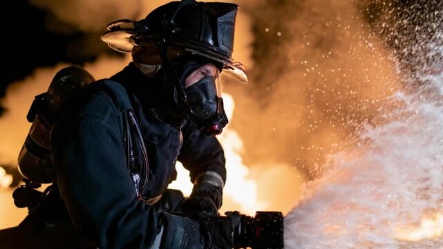 Firefighter Extinguishing Intense Wildfire with Water Hose