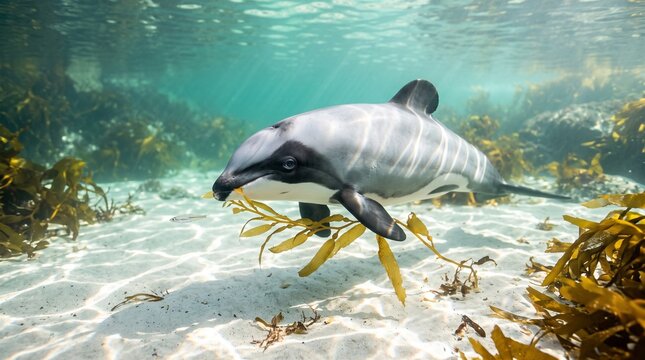 A Hector's dolphin gracefully swims through sunlit kelp forests in its vibrant natural habitat