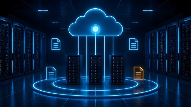 Cloud computing concept with glowing blue neon cloud icon connecting to network server racks with digital file folders in dark datacenter