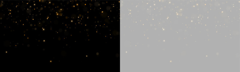 Scattered golden particles appear suspended in space. They create a subtle glowing effect with varied intensity and soft edges. This image is ideal for festive or magical themed backgrounds. © rocoverystock