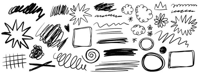 Obraz na płótnie Canvas Hand drawn black doodle scribbles with abstract shapes, bursts, lines, circles and sketch marks, ideal for annotations, social media and graphic design