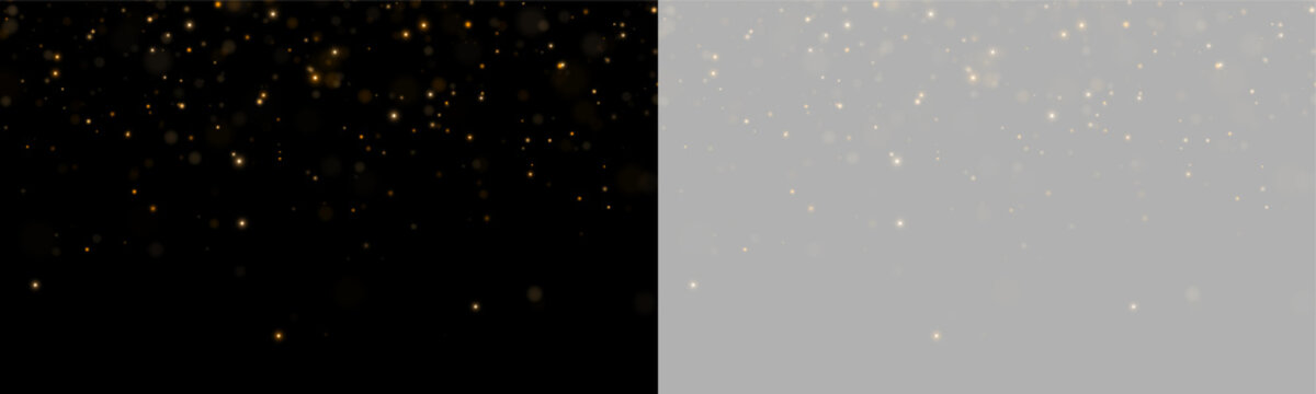Scattered golden particles appear suspended in space. They create a subtle glowing effect with varied intensity and soft edges. This image is ideal for festive or magical themed backgrounds.