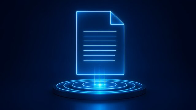 Digital document projection concept with glowing blue neon file icon hovering over futuristic technological podium base