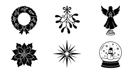 Naklejka premium Set of black and white Christmas holiday icons featuring wreath, mistletoe, angel, poinsettia, star, and snow globe for festive winter season design projects on transparent background
