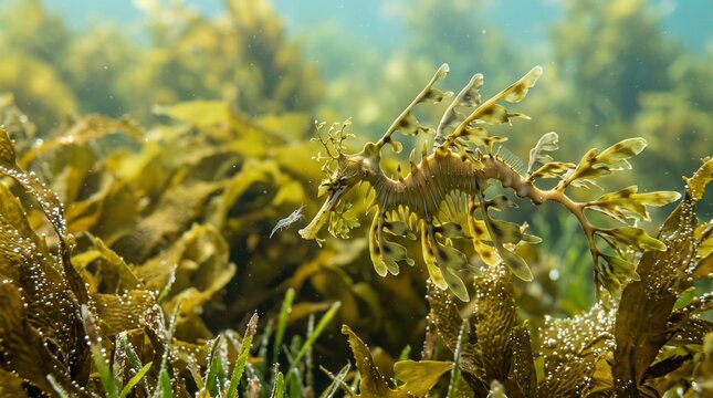 Leafy Seadragon Swimming Through Underwater Seaweed Forest in Natural Oceanic Habitat