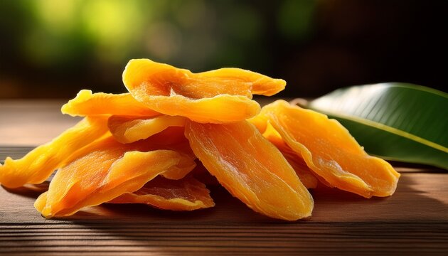 Close Up Of Dried Mango Slices Piled On A Wooden Table With A Slight Blur Background And One Leaf