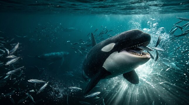 Predatory killer whale hunting school of small fish in deep blue underwater ocean scene