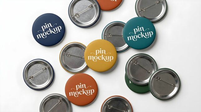 Set of colorful round pin badge mockups with metal back side scattered on a flat surface for branding and design needs