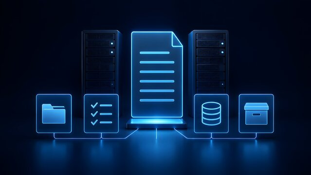 Centralized digital data management system with glowing blue neon document, folder, checklist and database icons connecting to server racks