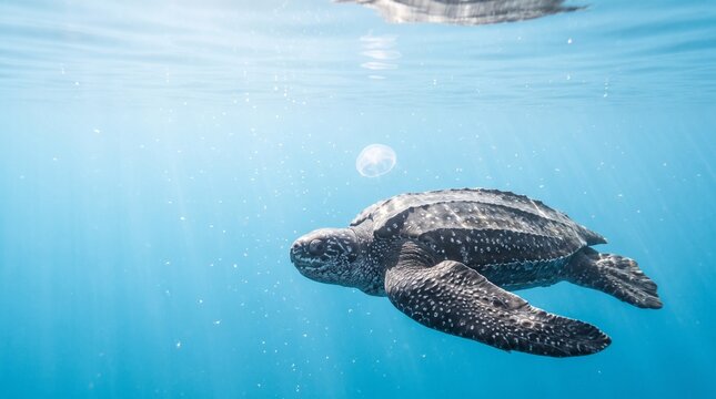 Leatherback sea turtle swimming in clear blue ocean water with sunlight