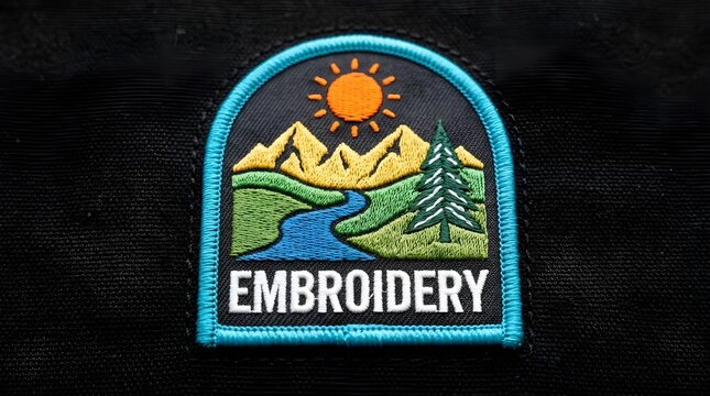 Embroidered badge patch with a colorful mountain landscape scene featuring a sun river and pine tree on a dark background