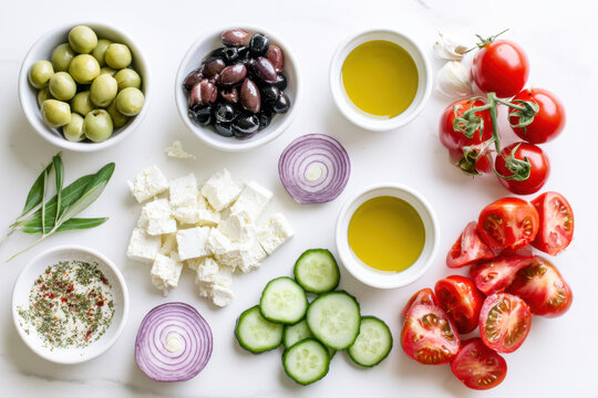 transparent overhead view of mediterranean ingredients with olives and feta cheese