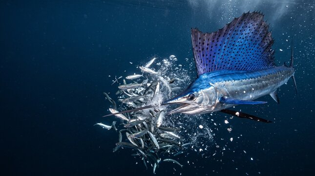 Large blue sailfish hunting school of bait fish in deep blue ocean water