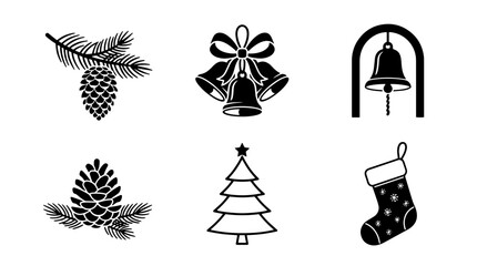 Fototapeta premium Set of black and white Christmas holiday icons featuring pine cones, bells, a tree, and a stocking for seasonal design projects on transparent background