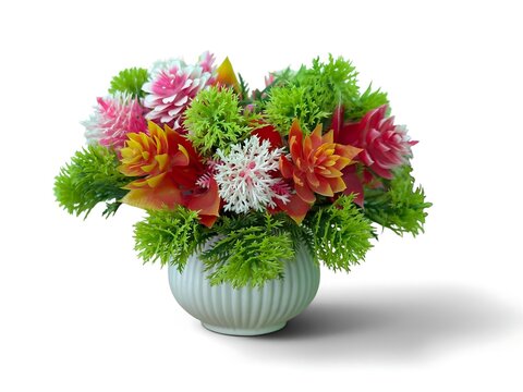 Vibrant artificial flowers arranged beautifully in a white pot on white