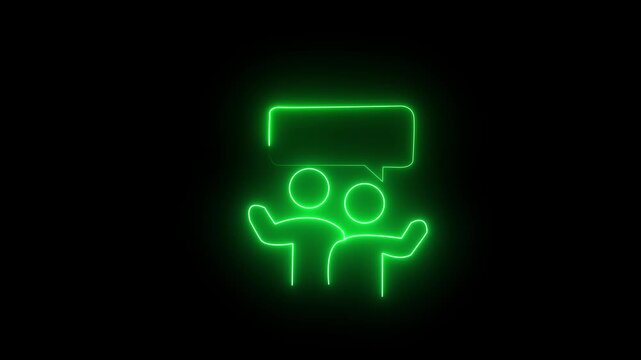 Futuristic Glowing green Neon Two People Communication Icon with Empty Speech Bubble Chat Box Symbolizing Social Media Teamwork Discussion Conversation on Black Background