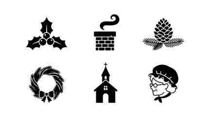 Naklejka premium Set of six black and white Christmas holiday icons featuring holly, chimney, pine cone, wreath, church, and grandmother silhouette for festive seasonal design projects on transparent background