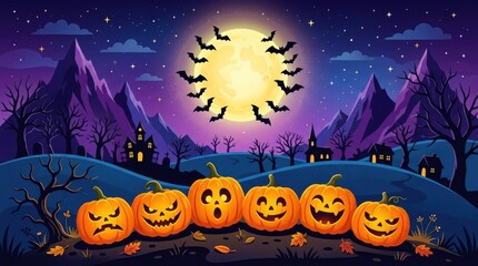 Fototapeta premium Halloween background with a row of carved pumpkins, a full moon, bats, and a spooky village silhouette under a starry night sky