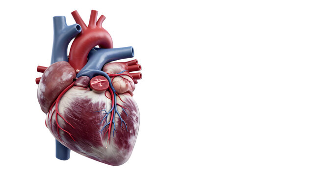 Detailed 3D anatomical illustration of human heart with photorealistic texture showing coronary arteries veins and cardiac muscle floating in dark space