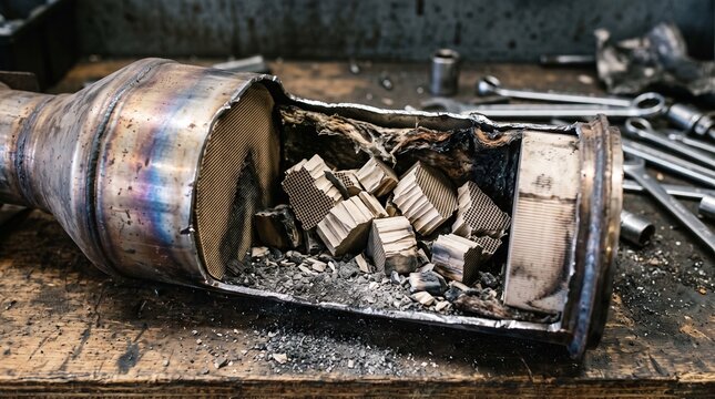 Broken catalytic converter exhaust repair showing damaged honeycomb ceramic substrate inside the metal casing. Sectioned view on a workshop table displaying emissions filter failure and