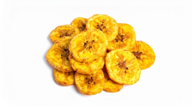 crispy fried yellow banana chips snack isolated on white background